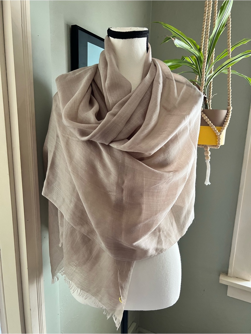 Calvin Klein sheer chiffon evening wrap or scarf in a soft taupe.